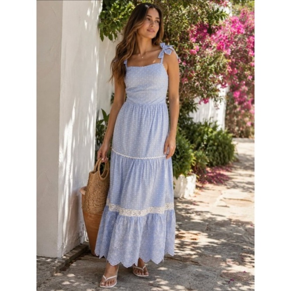Shabby Chic Maxi Dress Size 12 Blue White Striped Eyelet Lace NWT Cottagecore